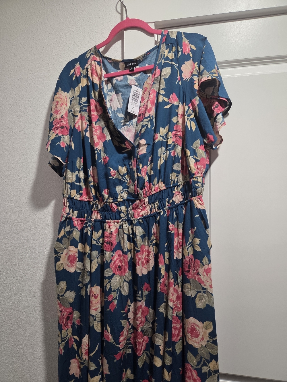 torrid Teal Floral V-Neck Midi Dress with Pink Roses